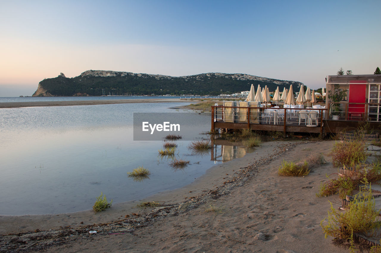 SCENIC VIEW OF BEACH BY SEA AGAINST CLEAR SKY