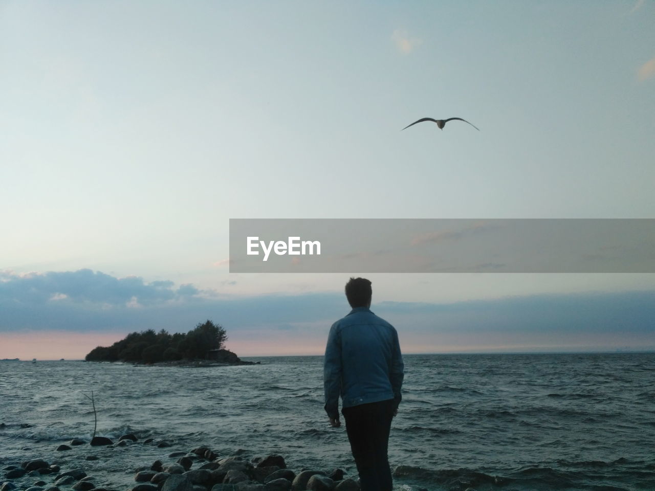 REAR VIEW OF MAN STANDING IN SEA AGAINST SKY