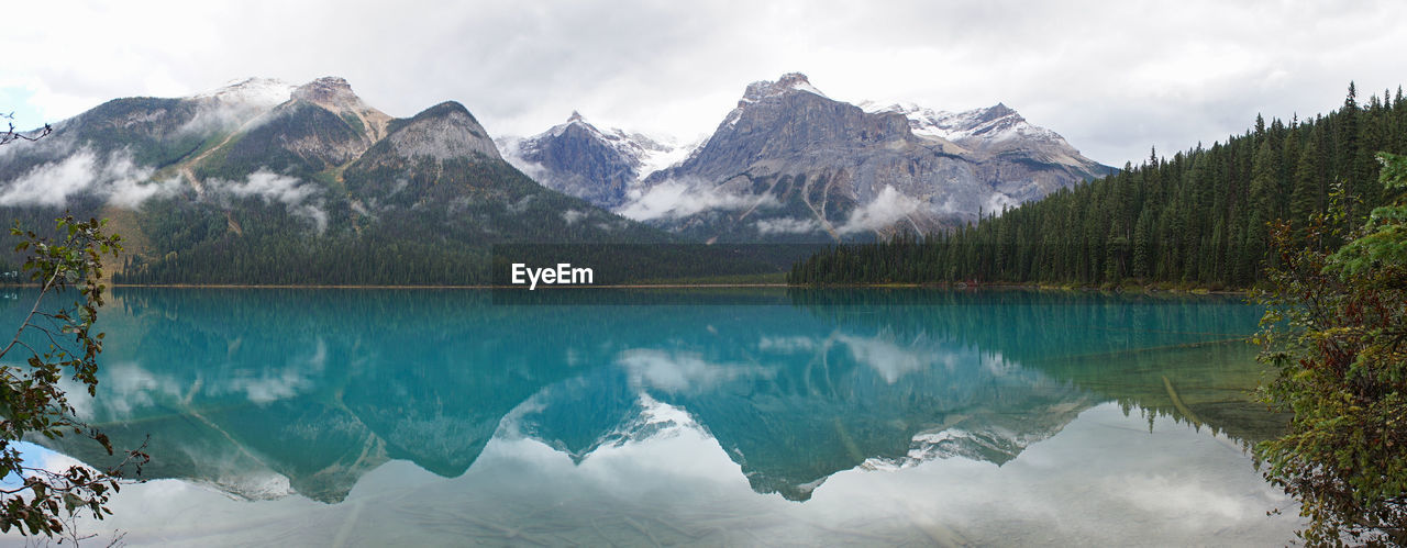 Scenic view of lake and snowcapped mountains against sky