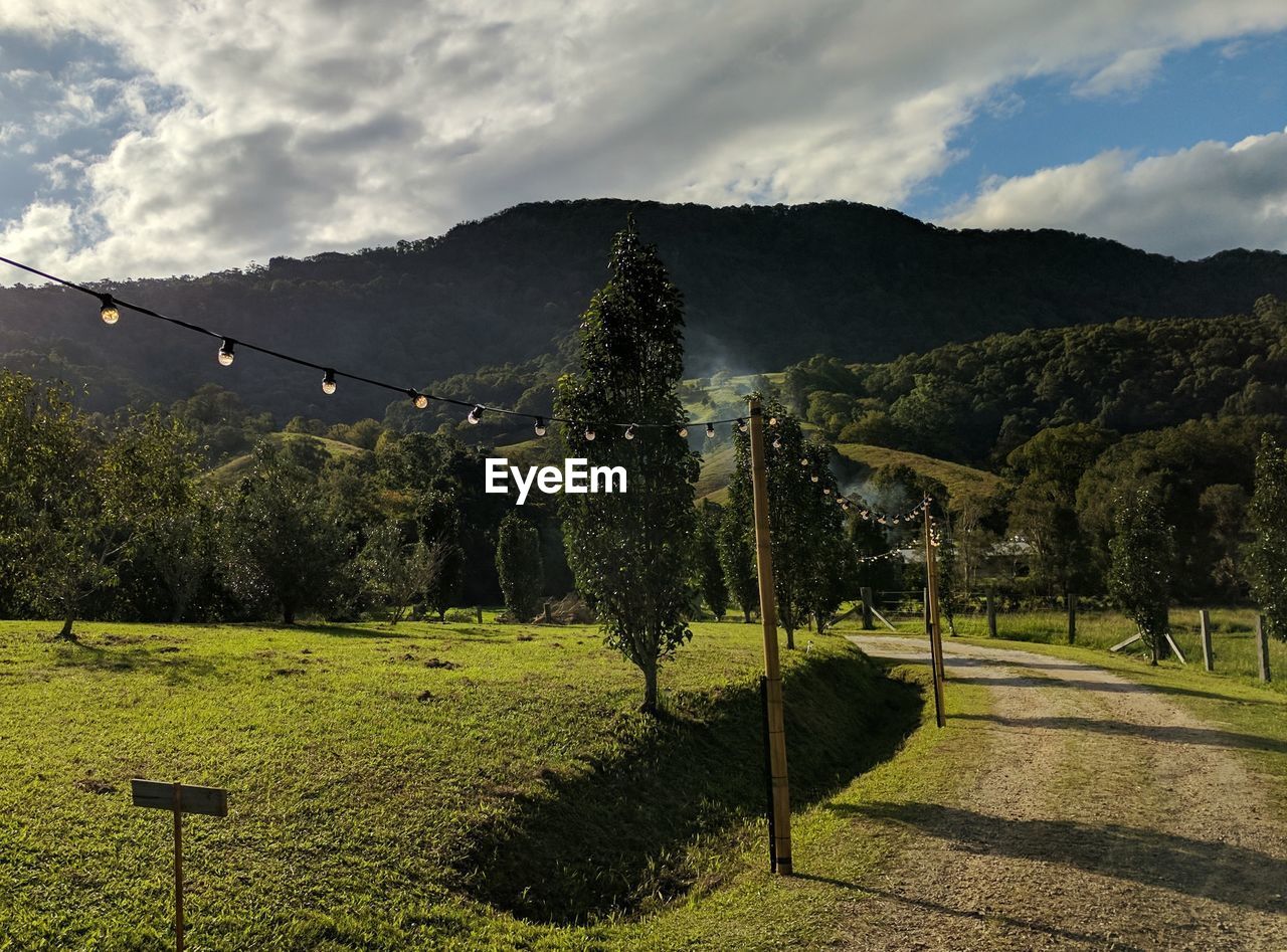 SCENIC VIEW OF GREEN LANDSCAPE AND MOUNTAINS AGAINST SKY