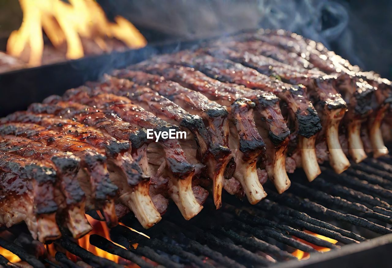 close-up of meat on barbecue