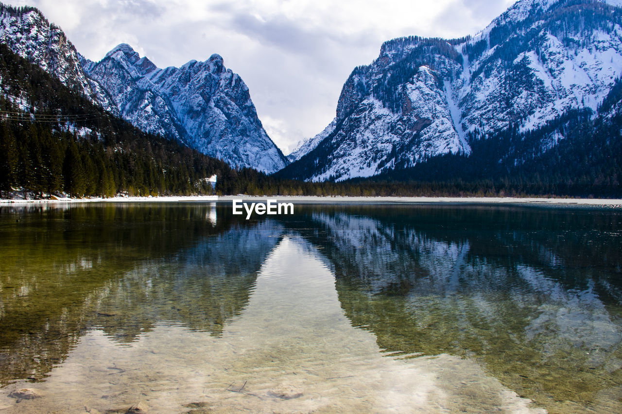 Scenic view of lake and snowcapped mountains against sky