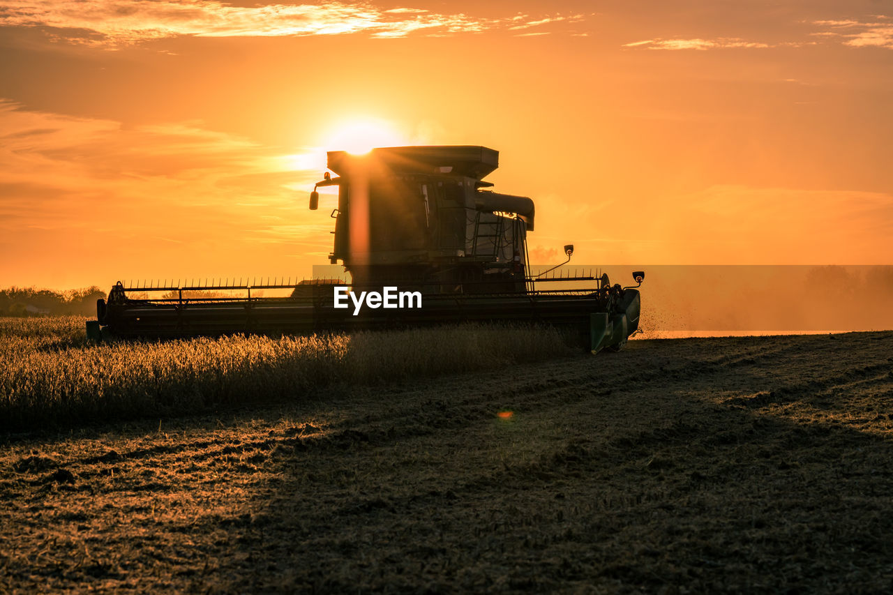 Scenic view of agricultural landscape against sky during sunset