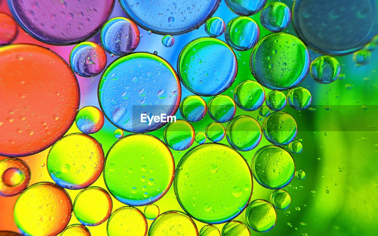 Colorful bubbles abstract background, oil bubbles in transparent liquid backdrop