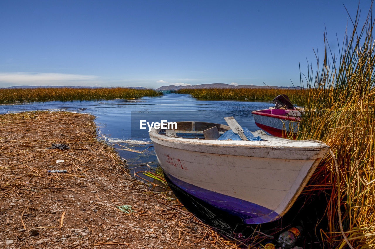 BOAT MOORED ON SHORE AGAINST CLEAR BLUE SKY