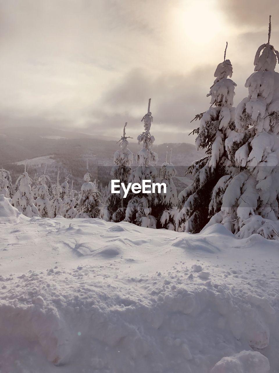 Snow covered landscape against sky