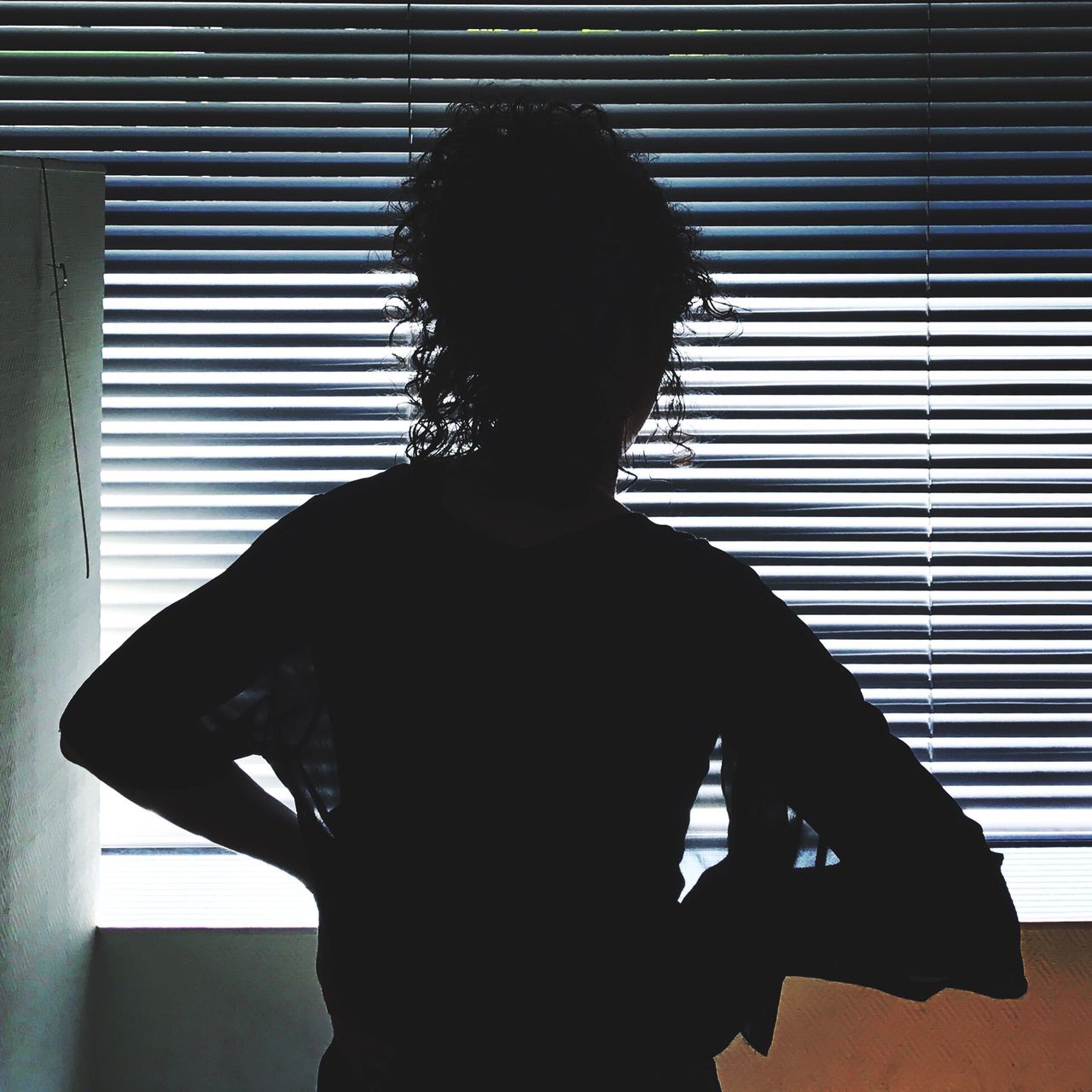 Rear view of woman standing against window blinds at home