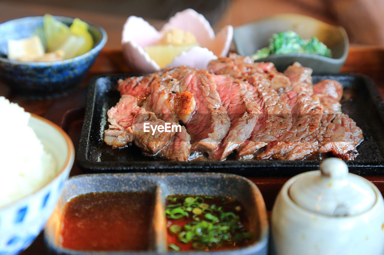 Close-up of food served on restaurant table