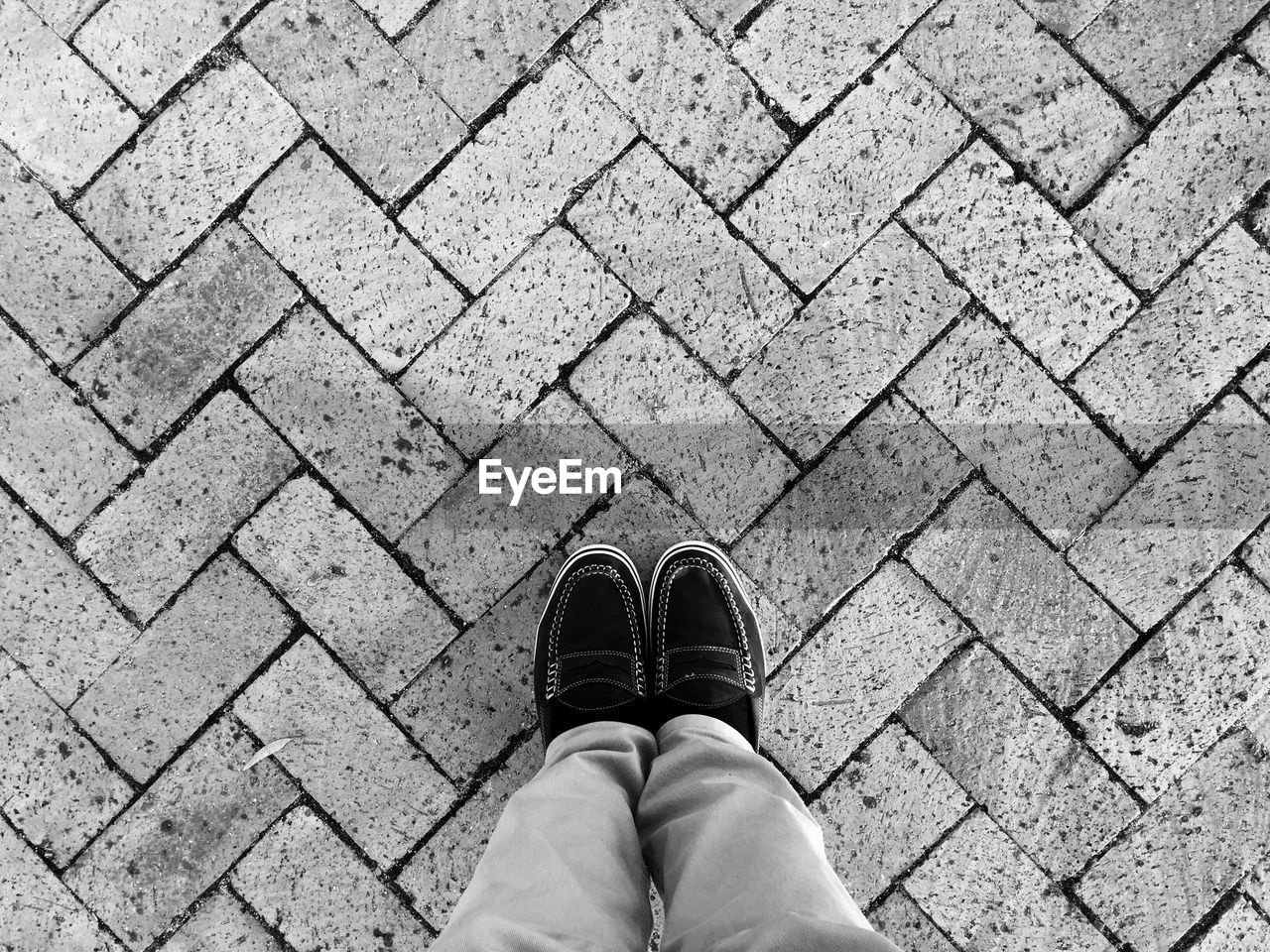 Low section of person standing on paving footpath