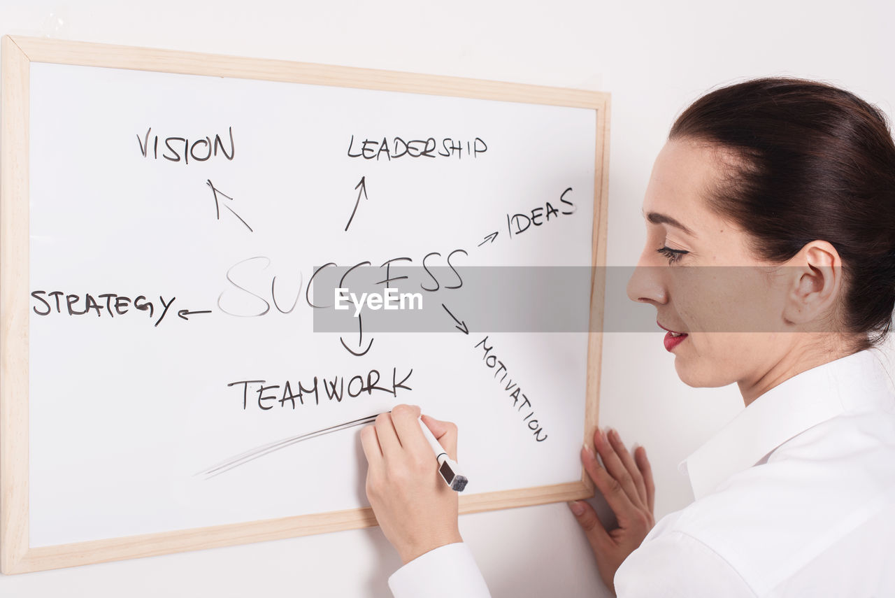 Close-up of businesswoman writing on whiteboard at office