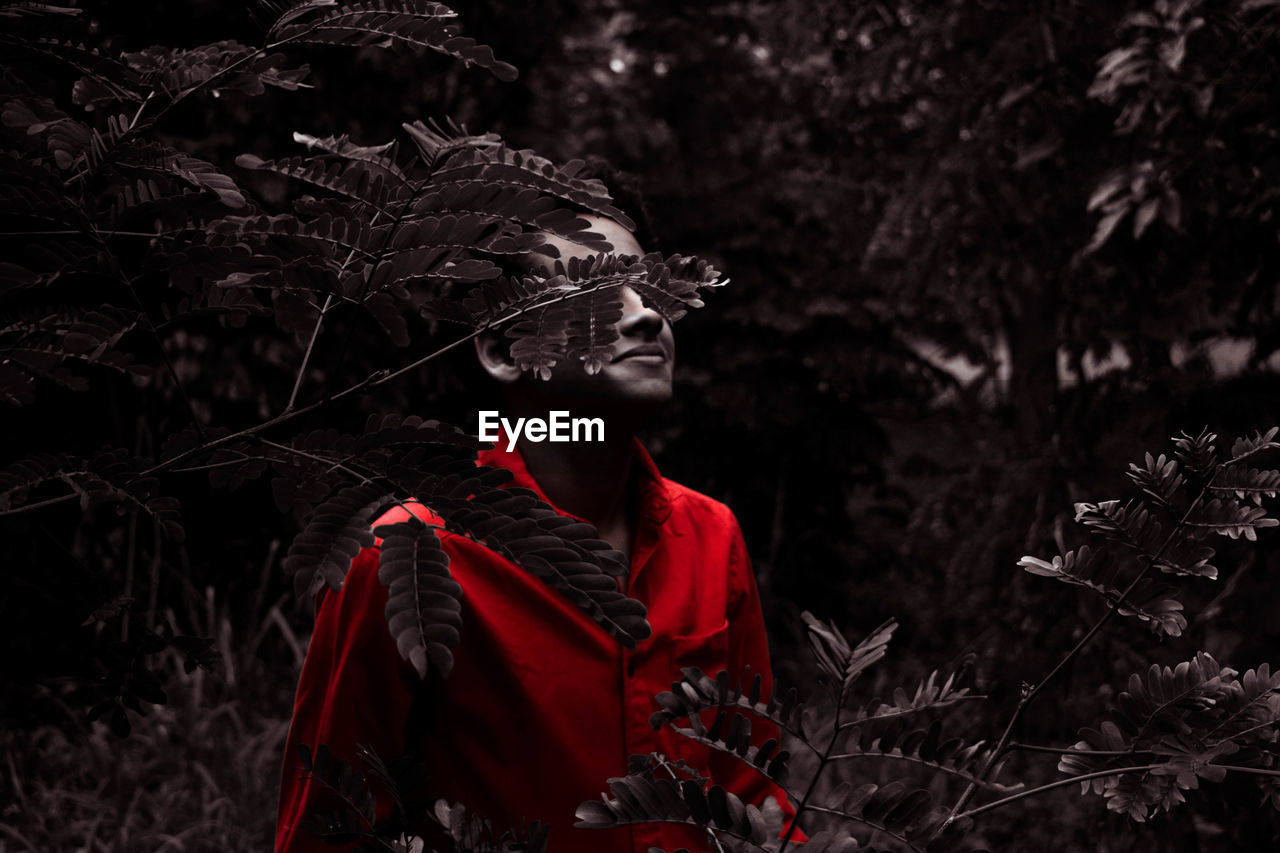 Smiling man seen through plants at forest