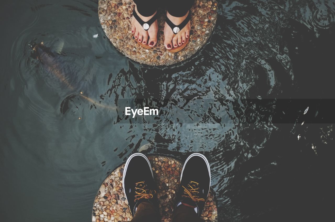 Low section of friends standing by fish swimming in lake