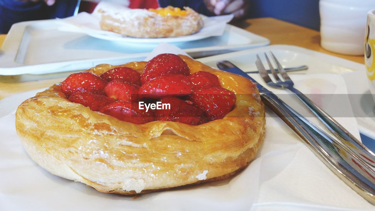 Close-up of dessert served on table