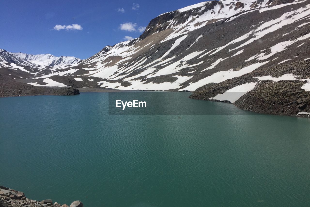 Scenic view of lake and snowcapped mountains against sky