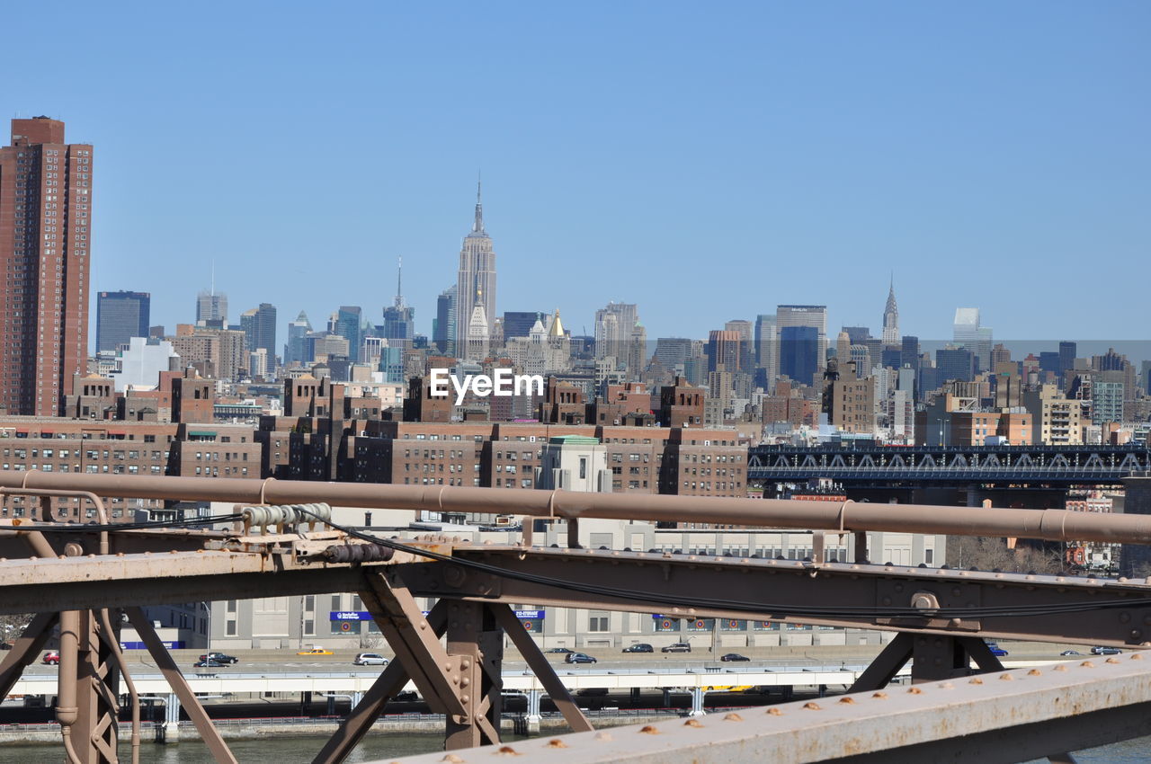 Modern cityscape against clear sky