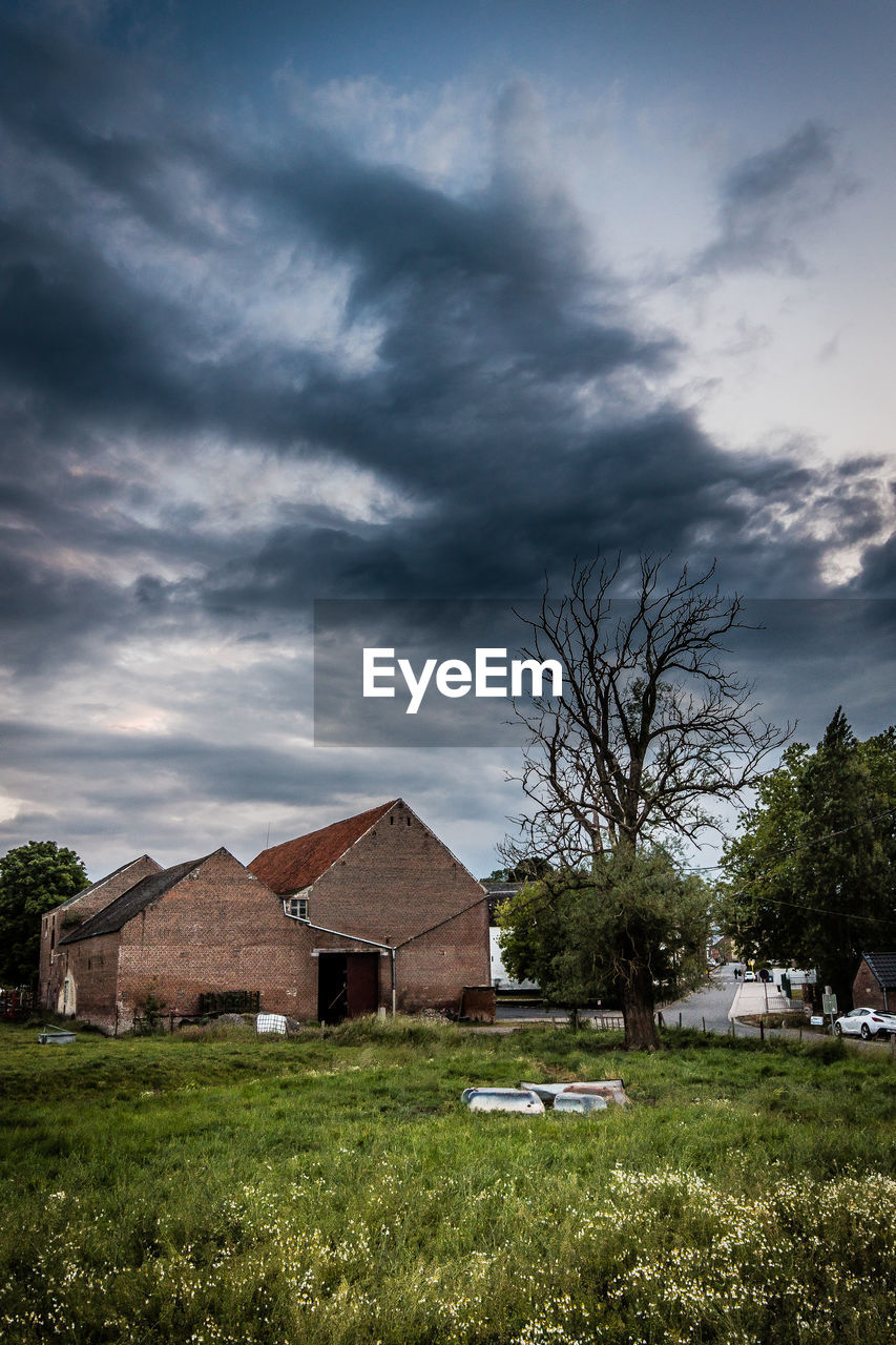 Houses on field against sky