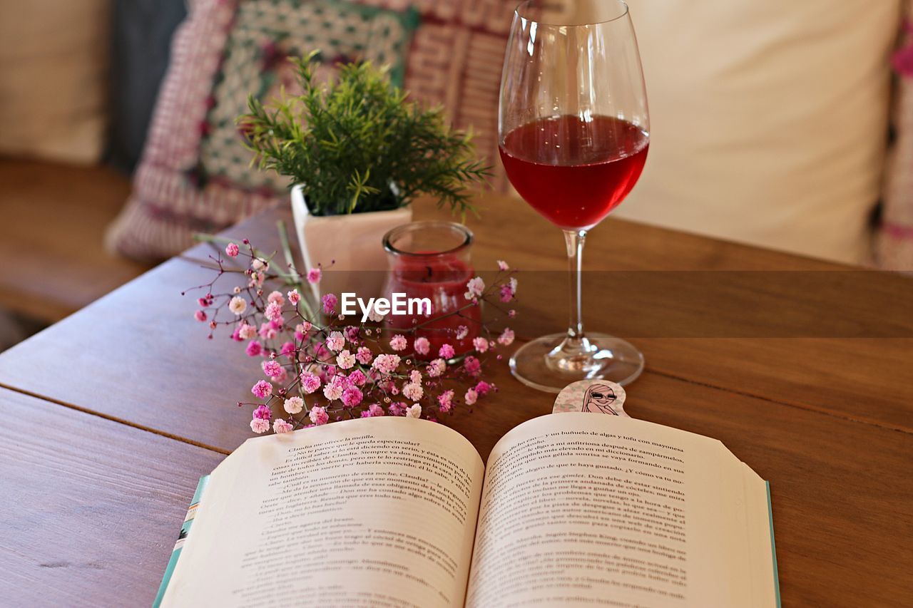 CLOSE-UP OF WINE GLASSES ON TABLE BY POTTED PLANT ON BOOK