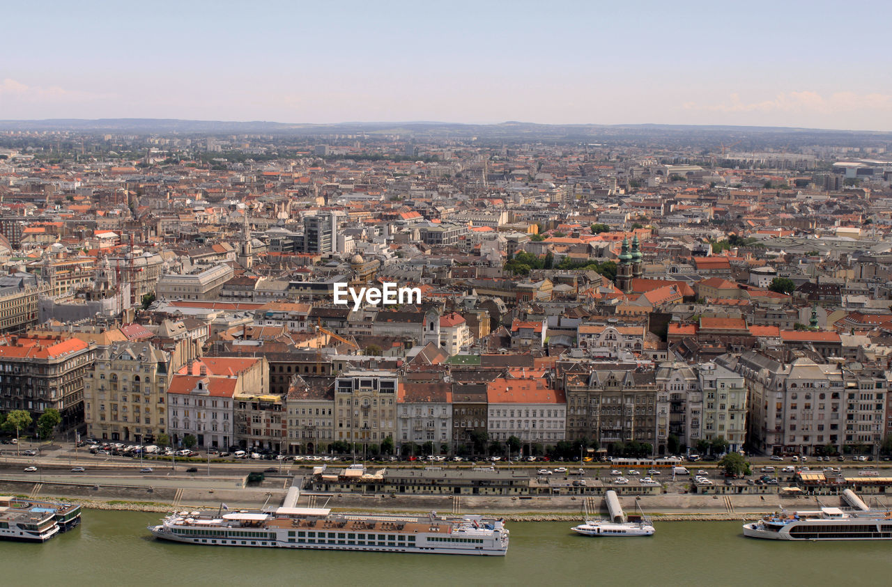 Panoramic view of budapest, hungary, europe. rooftops, river danube, and historical buildings.