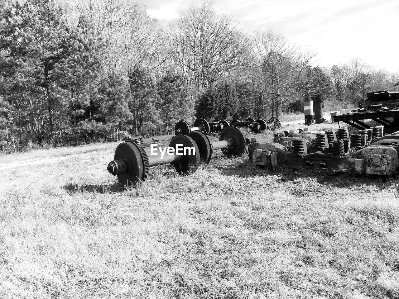 Abandoned machine parts on grassy field in forest