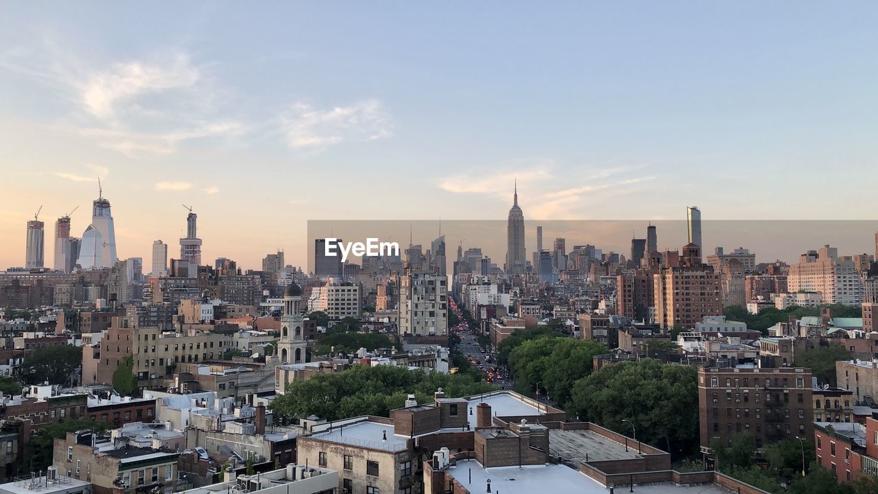 High angle view of new york city buildings against sky