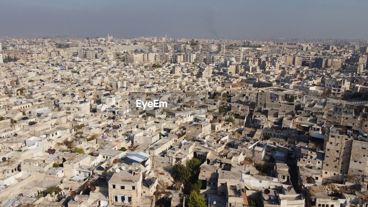 Aerial view of aleppo, syria. fighting between the assad regime and the opposition. aleppo citadel.