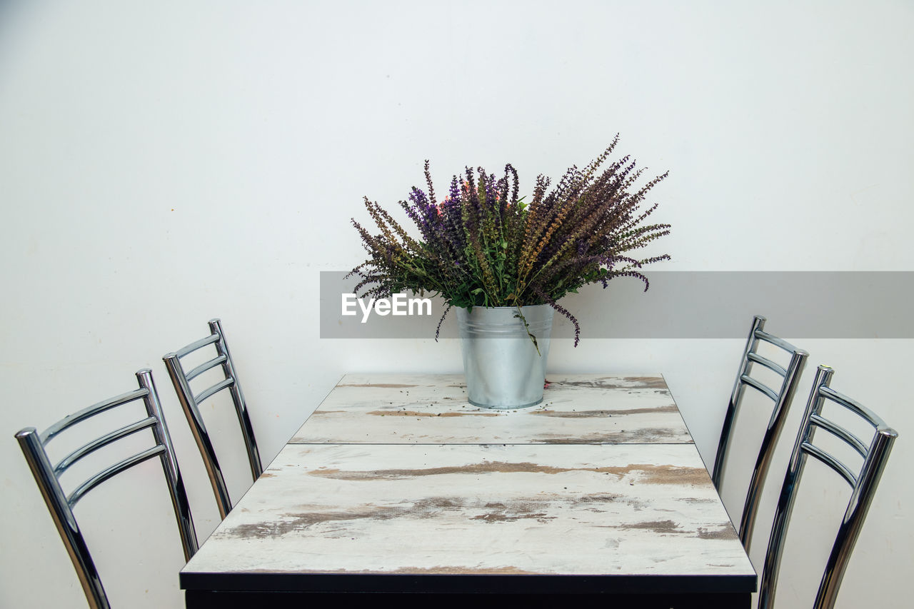 POTTED PLANT ON TABLE BY WALL