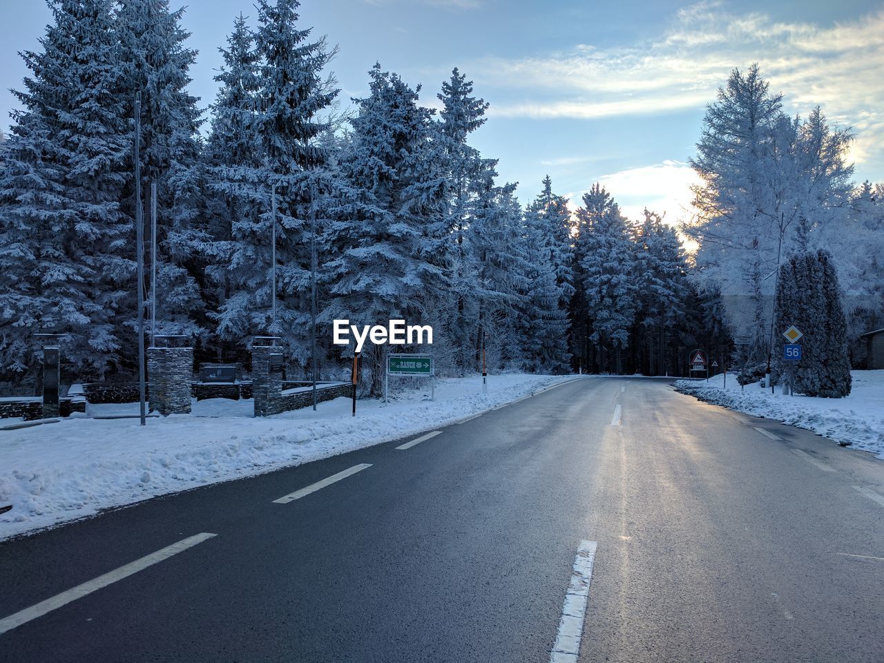 Road amidst trees against sky during winter