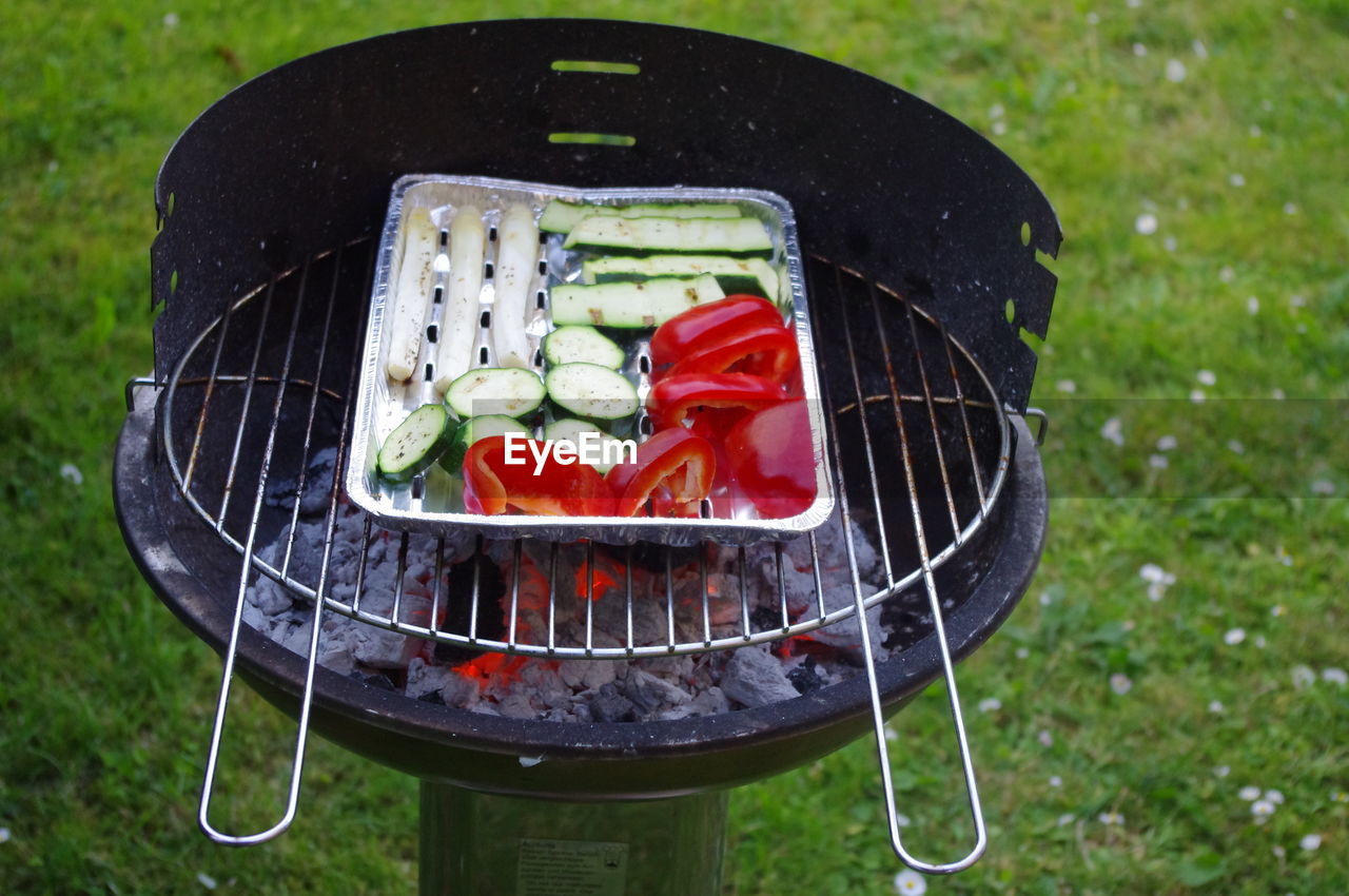 High angle view of vegetables on barbecue