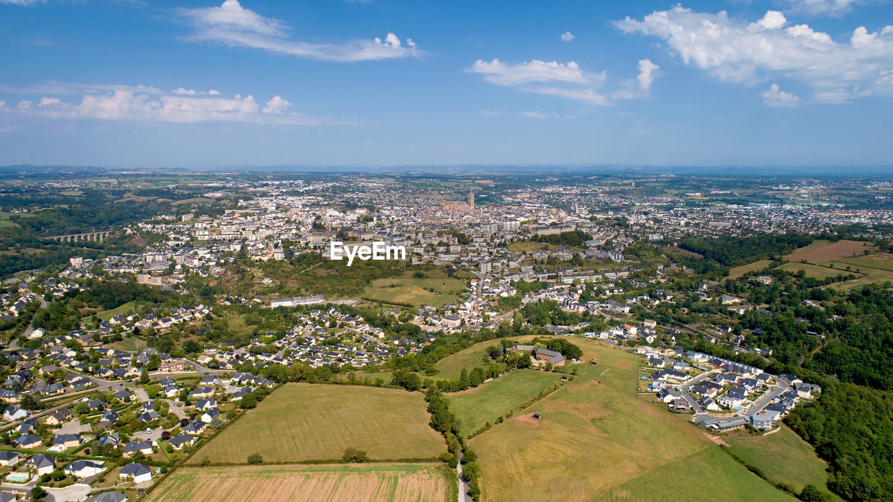 AERIAL VIEW OF TOWNSCAPE AGAINST SKY ON FIELD