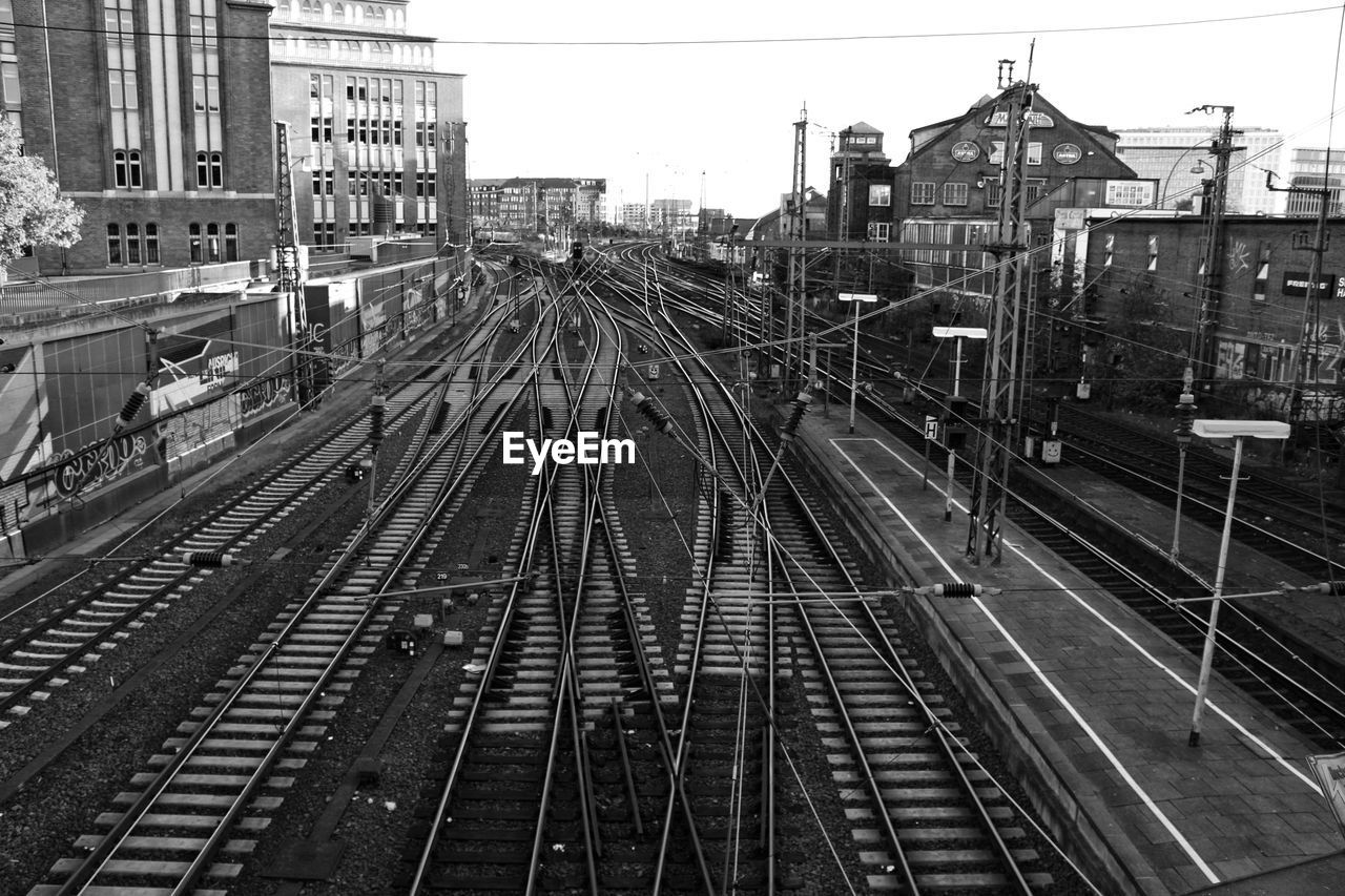 RAILROAD TRACKS AMIDST CITY AGAINST CLEAR SKY