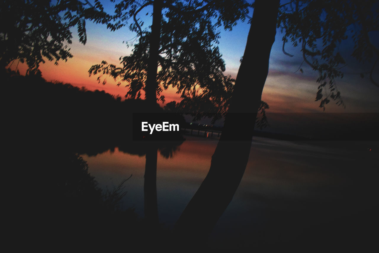 SILHOUETTE TREES BY LAKE AGAINST ORANGE SKY