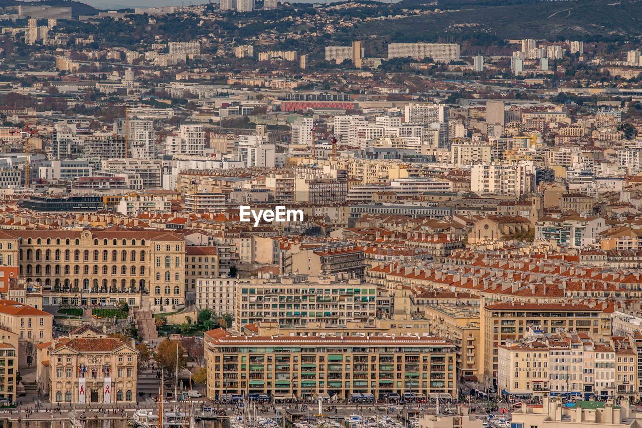 High angle view of buildings in city