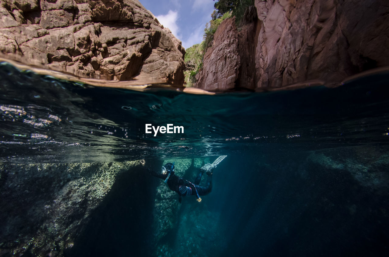 LOW ANGLE VIEW OF PEOPLE SWIMMING IN CAVE