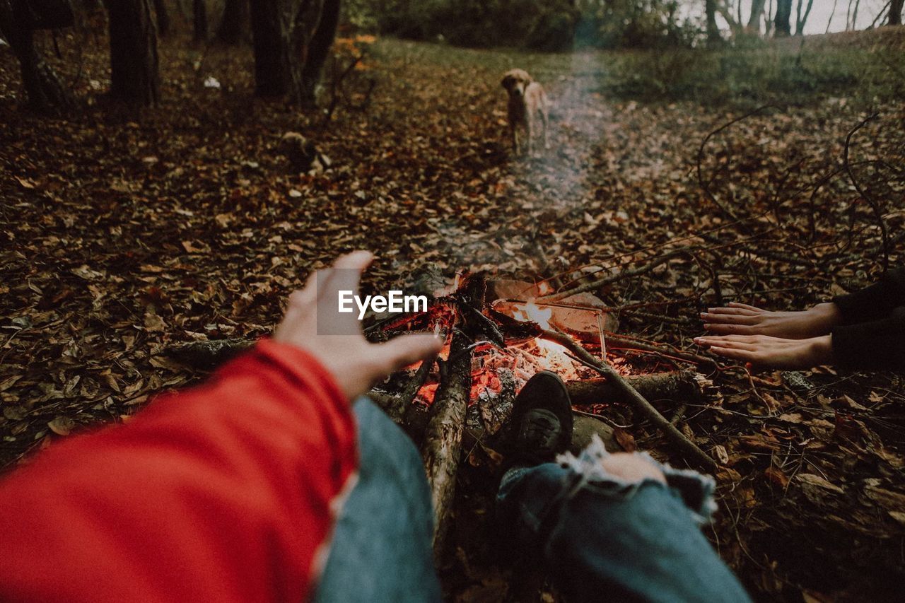 Low section of man sitting by campfire in forest