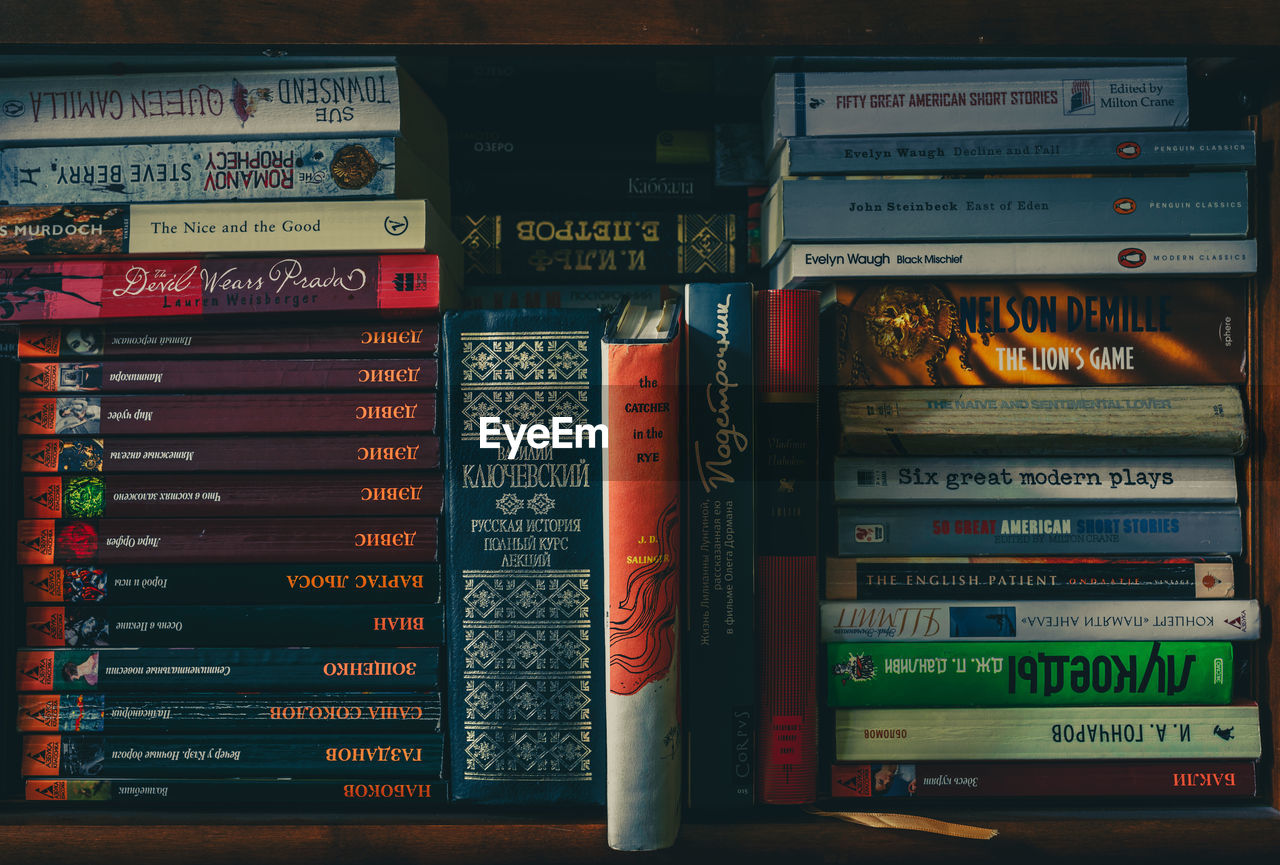 CLOSE-UP OF BOOKS ON SHELF