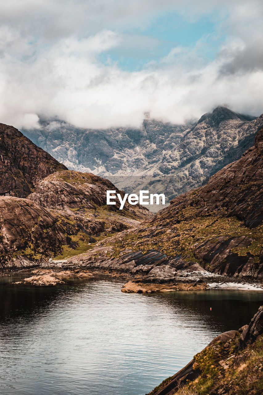 Scenic view of sea and mountain against sky