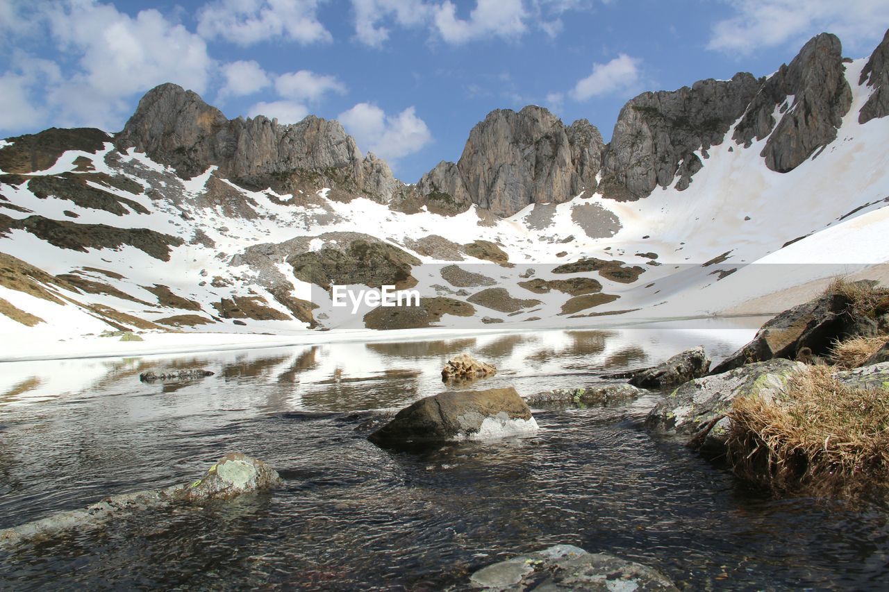 Scenic view of lake and mountains against sky