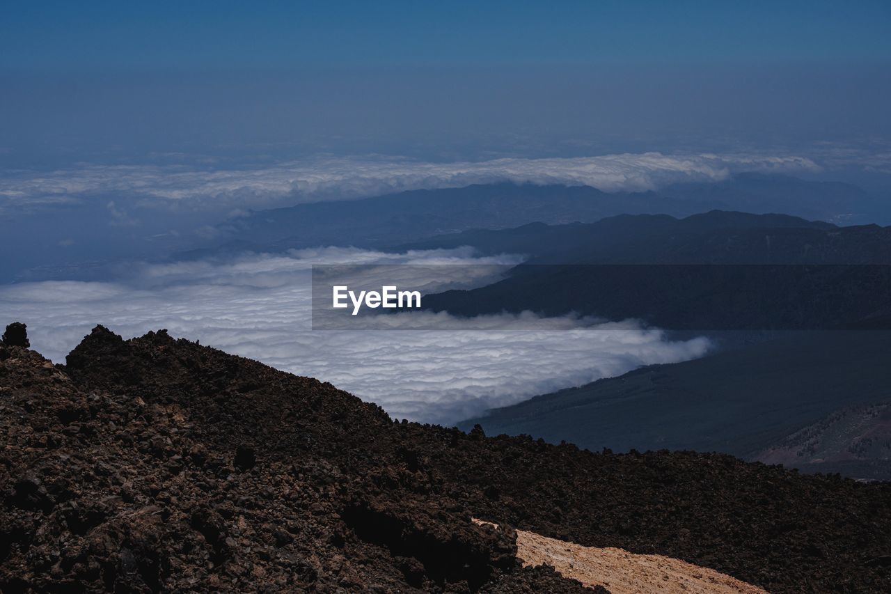 HIGH ANGLE VIEW OF MOUNTAINS AND SEA AGAINST SKY