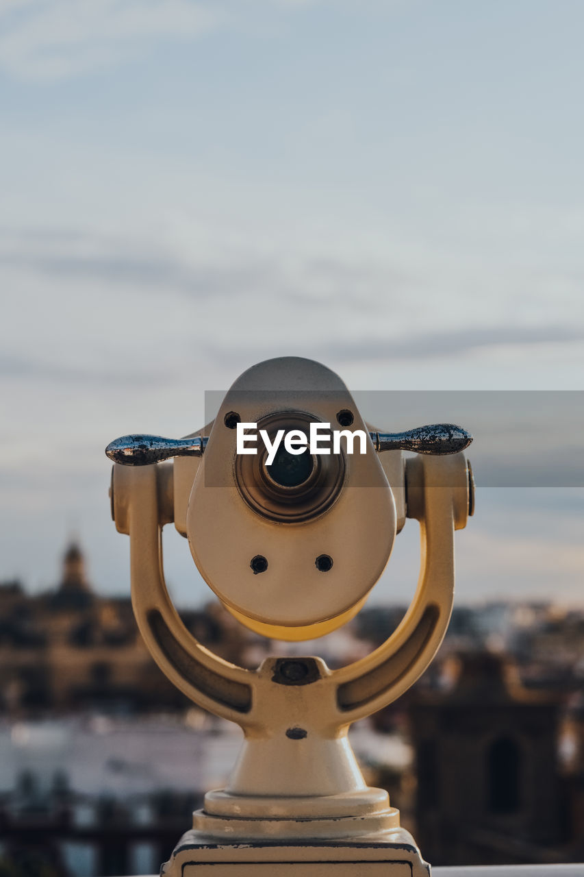 Close up of binoculars on the observation platform in seville, spain, selective focus.