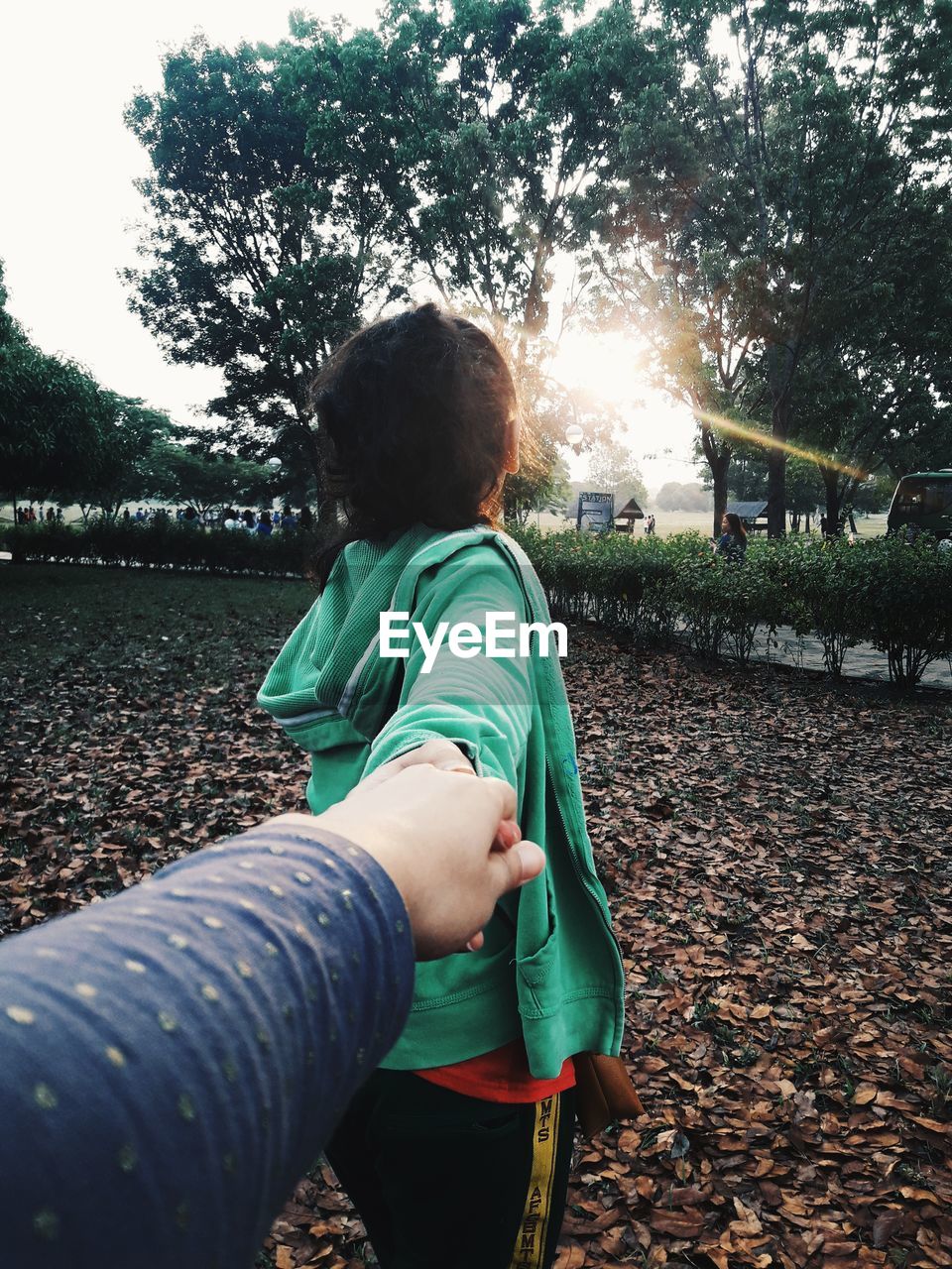 Cropped image of man holding hands with girlfriend standing at park