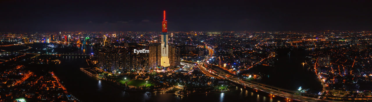 Panoramic photo of drone view of ho chi minh city skyline at night