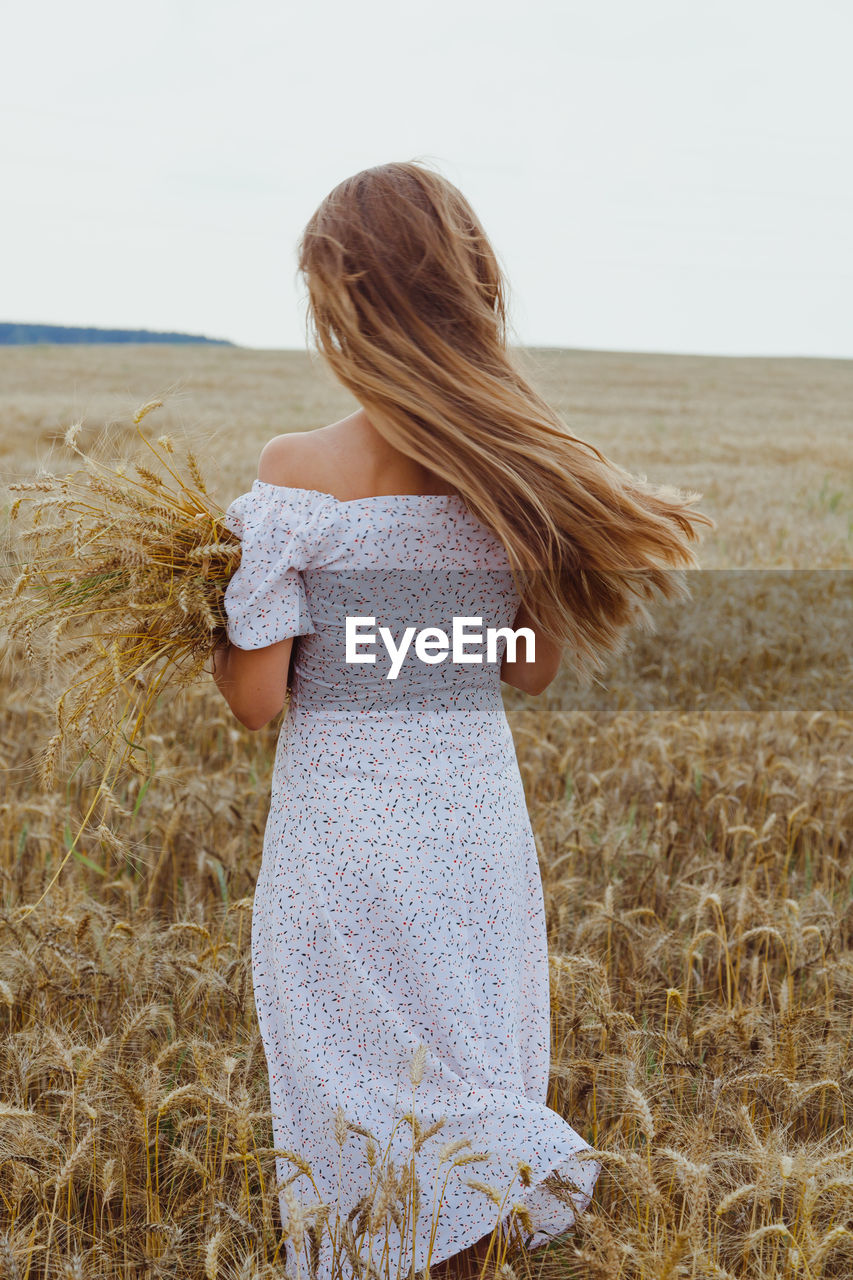 Woman in rye field wearing white dress with wind in hair, back view