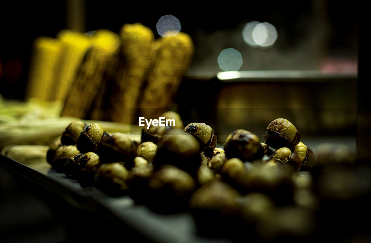 Close-up of chestnut and corn