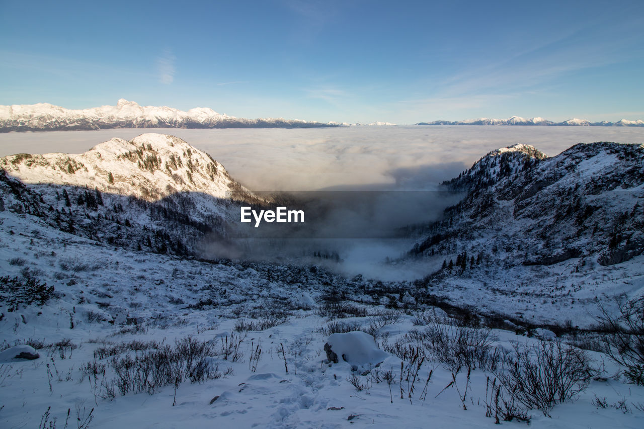 Scenic view of snow covered mountains against sky