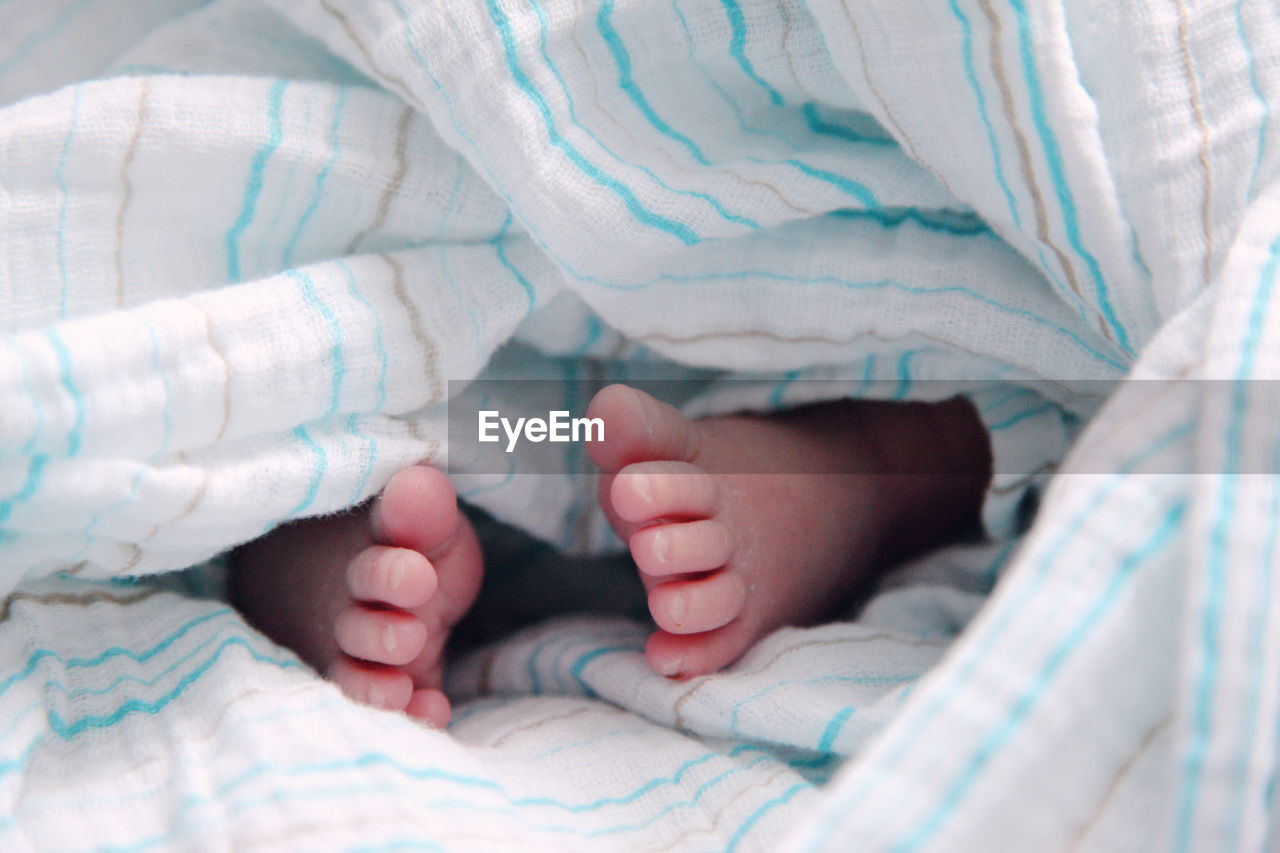 Close-up of baby feet in bed