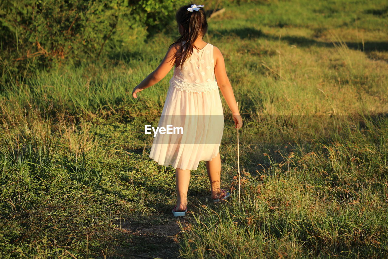 Rear view of girl walking on land 