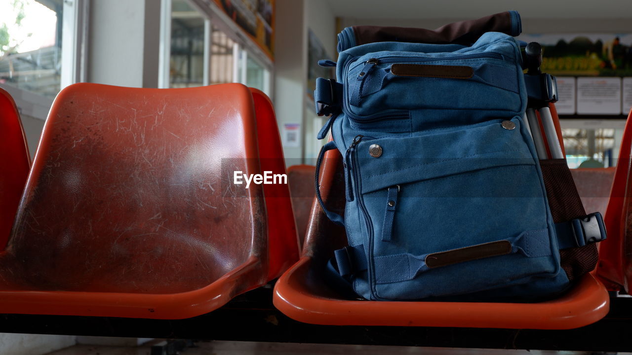 Close-up of backpack on seat