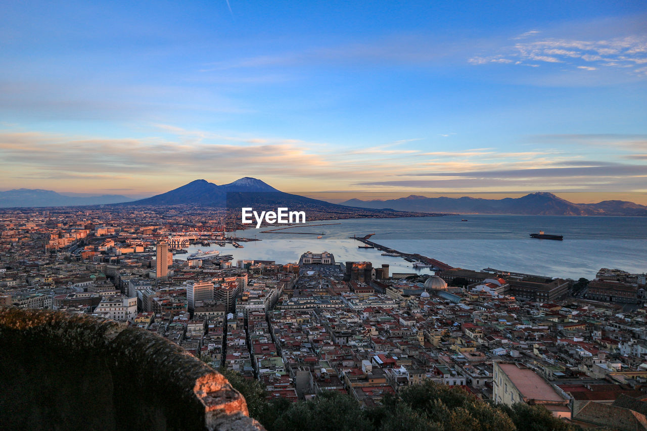 High angle view of city at seaside, naples italy 2019