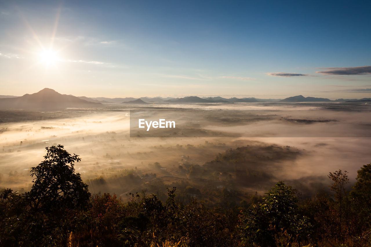 Scenic view of mountains against sky during sunset