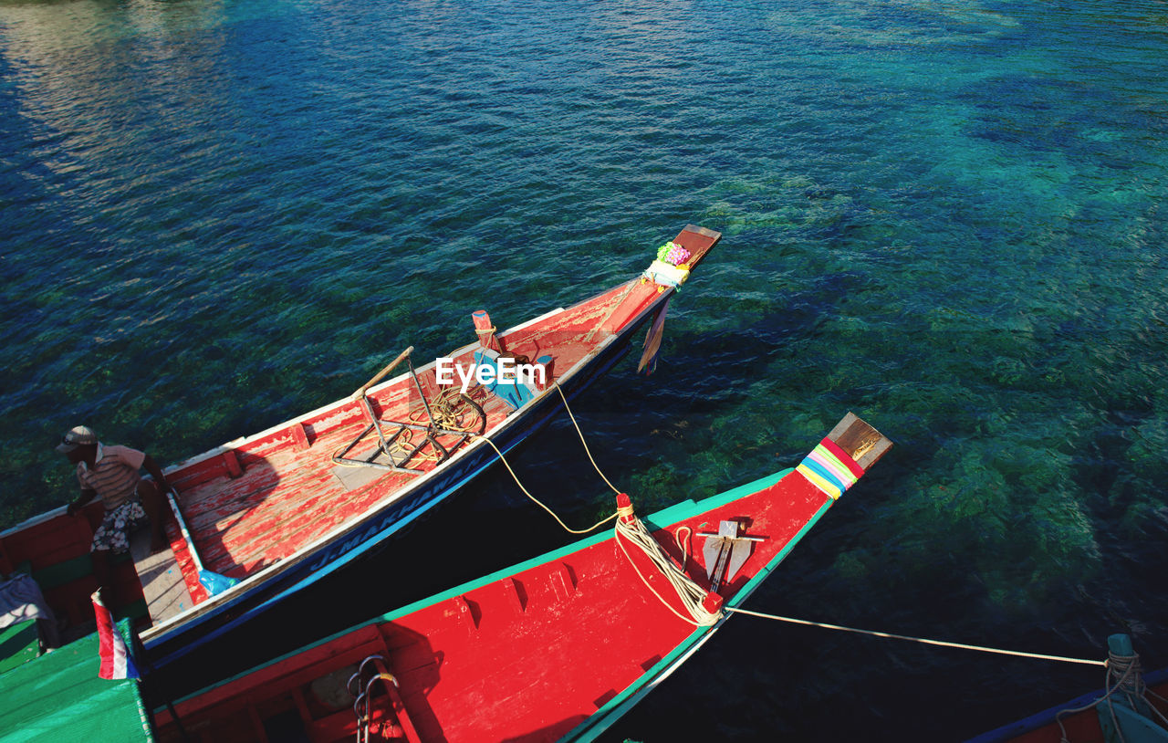 High angle view of fishing boats on sea